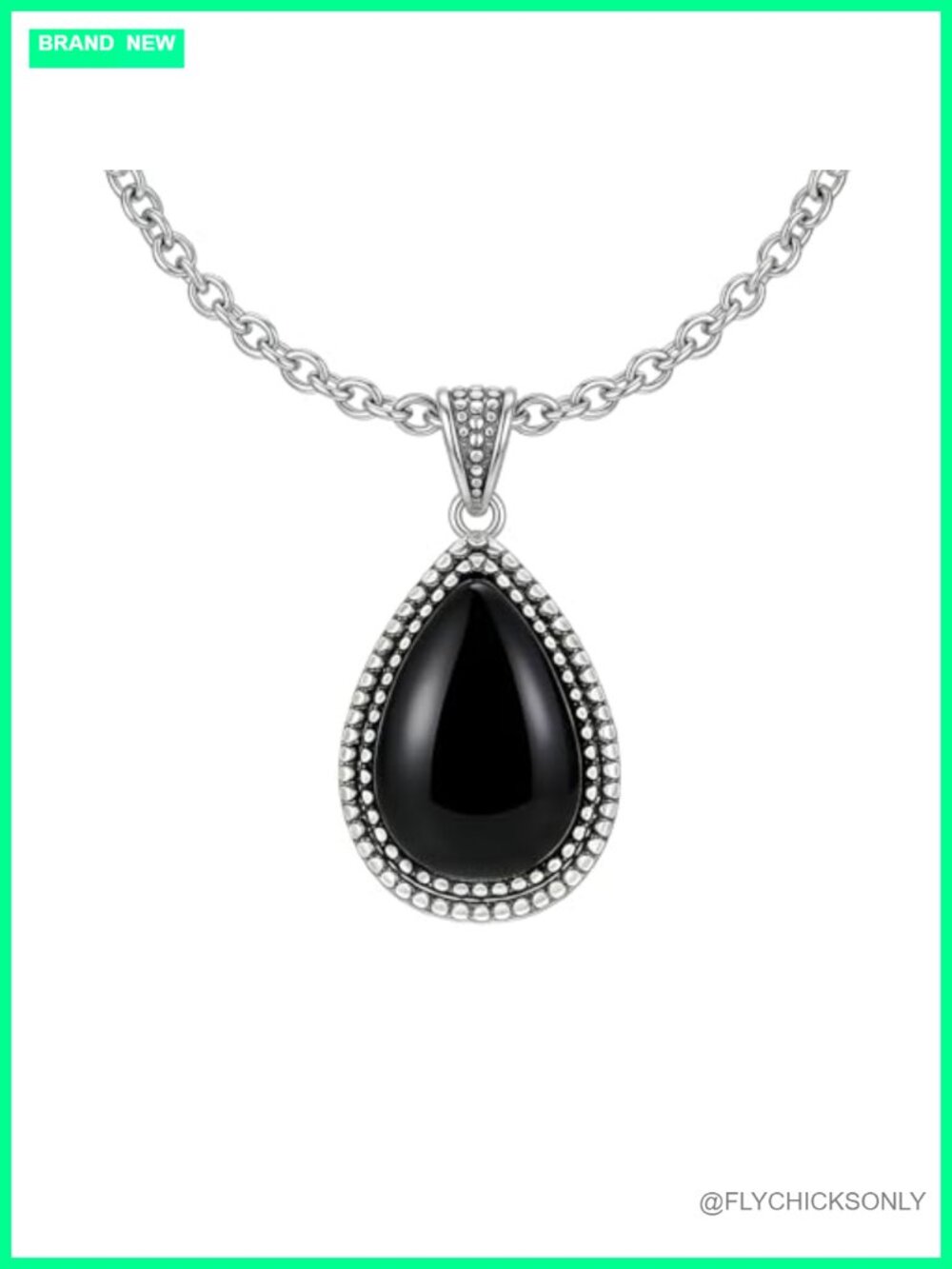 925 Sterling Silver Black Onyx Teardrop Pendant Necklace 18-20 Inch